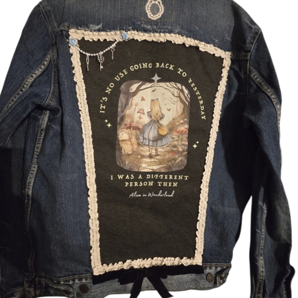 Upcycled Hand Crafted Alice In Wonderland Denim Jacket Size Large - Picture 4 of 13